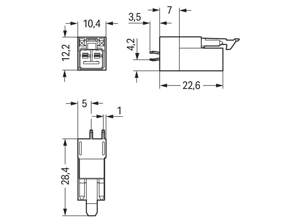 Technische Zeichnung einer elektronischen Komponente mit Abmessungen: 22,6 x 10,4 x 28,4 mm. Vorder- und Seitenansichten zeigen Anschlusspins und Aussparungen.