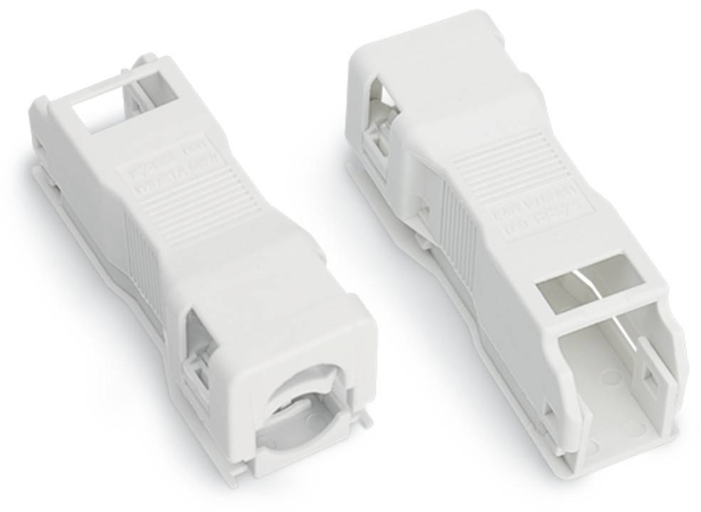 Zwei weiße Kunststoff-Kabelhalter mit rechteckiger Form und klappbaren Deckeln, entwickelt zum Sichern und Organisieren von elektrischen Kabeln.