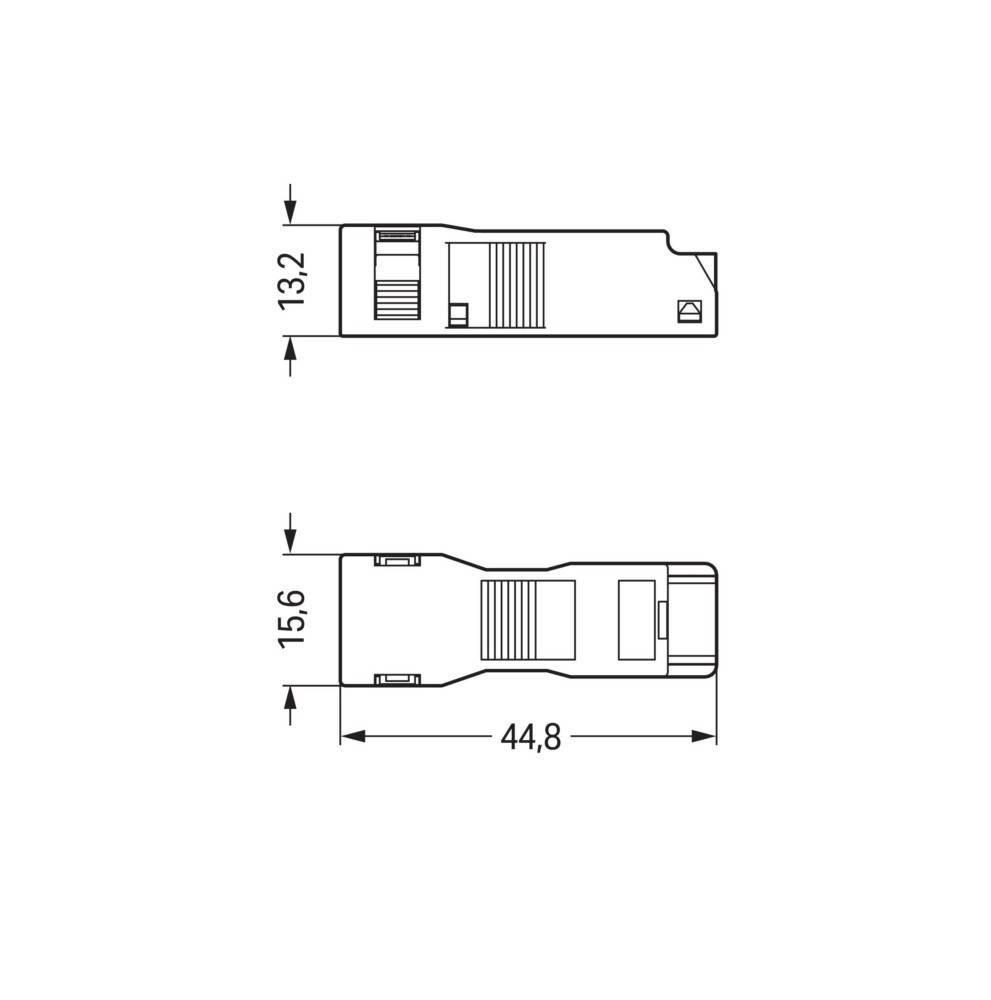 Technische Zeichnung einer zweiteiligen Komponente mit Maßen: Draufsicht zeigt 13,2 mm Höhe, Seitenansicht zeigt 15,6 mm Höhe und 44,8 mm Länge.