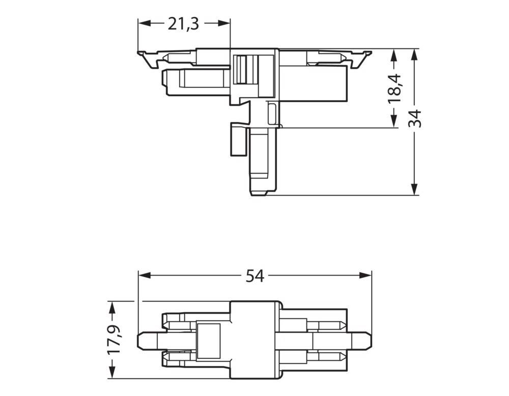 Technische Zeichnung, die die Abmessungen einer mechanischen Komponente zeigt, mit drei Messlinien: oben 21,3 mm, rechts 18,4 mm und 34 mm, unten 17,9 mm und 54 mm.