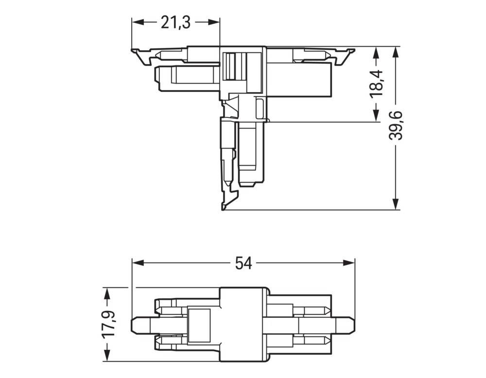 Technische Zeichnung mit zwei Ansichten einer Komponente mit Maßangaben: Länge 21,3, 54; Höhe 39,6, 17,9, 18,4.