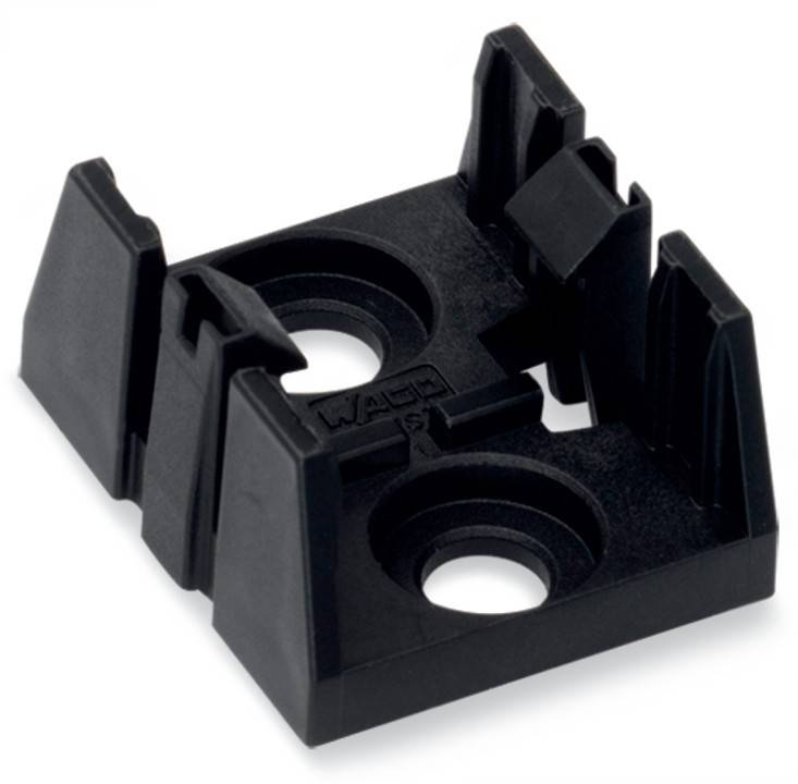 Ein schwarzer Kunststoff-Befestigungsfuß mit zwei kreisrunden Löchern, konzipiert zum Befestigen von Kabeln oder Komponenten. Mit erhöhten Stützen an den Seiten.