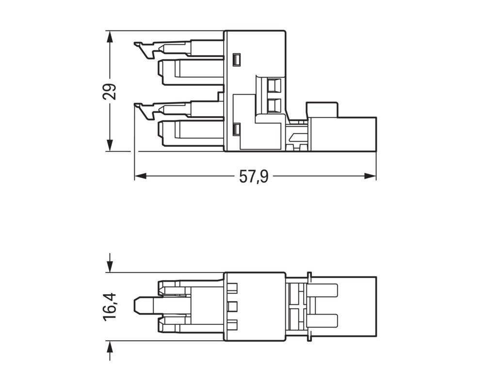 Technische Zeichnung eines elektrischen Anschlusses mit Abmessungen: 57,9 mm Länge, 29 mm Höhe und 16,4 mm Breite.