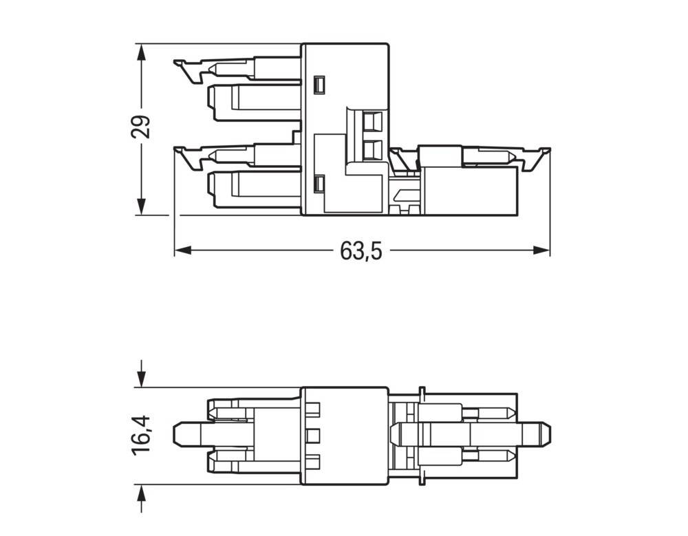 Technische Zeichnung einer Vorrichtung mit Drauf- und Seitenansicht, die Abmessungen zeigt: Länge 63,5 mm, Höhe 29 mm und eine weitere Höhe von 16,4 mm.