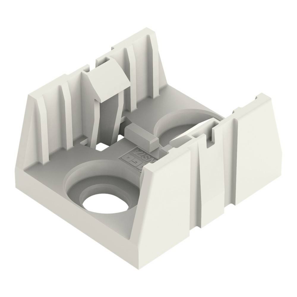 3D-Darstellung eines weißen Kunststoff-Montageclips oder einer Halterung mit zwei Schraubenlöchern und einer zentralen Verriegelungslasche, dargestellt vor einem einfachen Hintergrund.