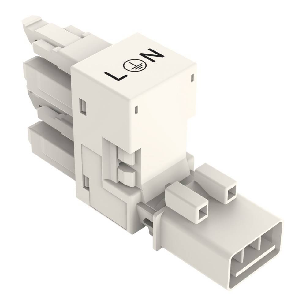 Ein weißer elektrischer Stecker mit den Beschriftungen 'L' und 'N', ausgestattet mit schlanken rechteckigen Stiften, der für Verdrahtungszwecke verwendet wird.