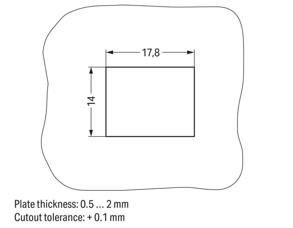 Eine rechteckige Form mit Abmessungen: Breite 17,8 mm, Höhe 14 mm. Dickentoleranz: 0,5 - 2 mm. Platzierung innerhalb einer unregelmäßigen Begrenzung.