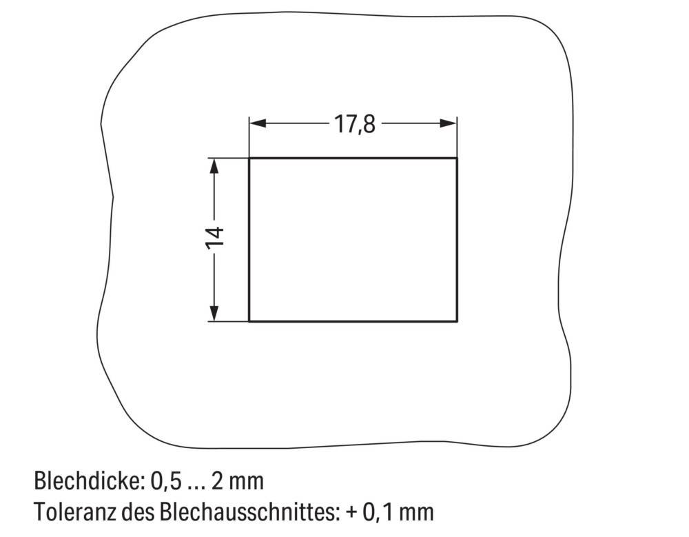 Ein rechteckiger Umriss mit Abmessungen: 17,8 mm Breite und 14 mm Höhe, mit einer Toleranz von 0,5 mm plus 0,1 mm für Schneidkanten.