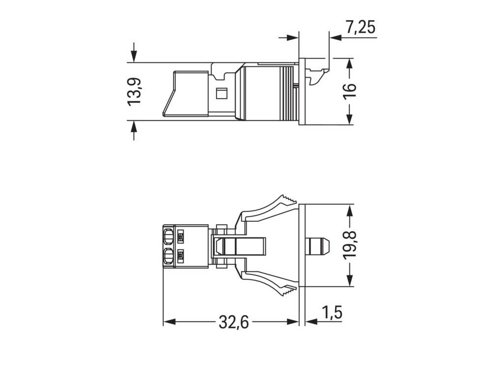 Technische Zeichnung eines USB-Anschlusses mit Abmessungen: 7,25 mm Breite, 13,9 mm und 16 mm Höhe, 19,8 mm Kopfbreite, 32,6 mm Länge.