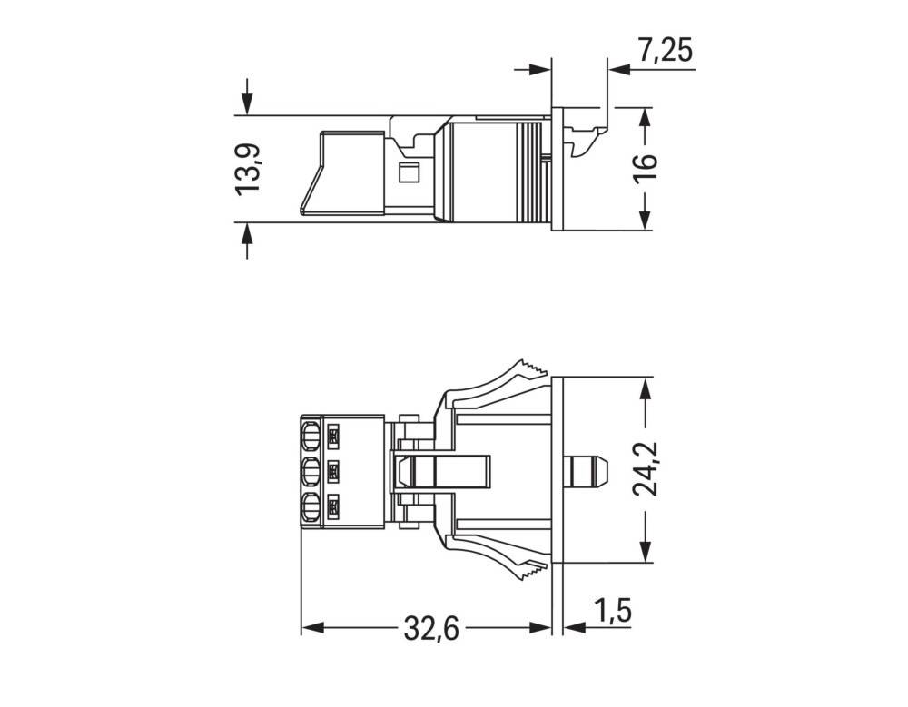 Technische Zeichnung einer elektrischen Komponente mit Abmessungen: 7,25 mm, 16 mm, 13,9 mm, 24,2 mm, 32,6 mm und 1,5 mm. Seiten- und Frontansicht.