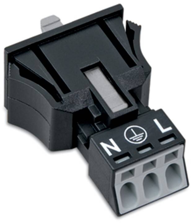 Ein schwarzer elektrischer Terminalbock mit drei Anschlüssen, die mit 'N', 'L' und dem Erdungssymbol beschriftet sind, zum Anschließen von Drähten und zur Darstellung von Neutral- und Phasenleiteranschlüssen.