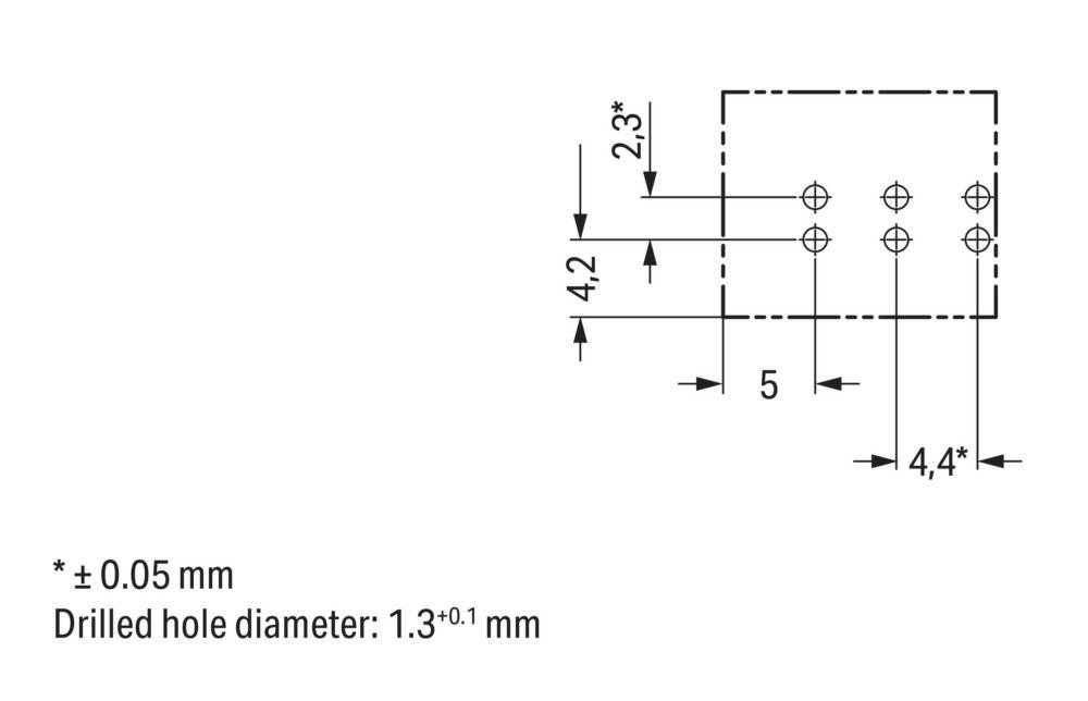 Technische Zeichnung einer Komponente mit gekennzeichneten Abmessungen: '4,2 mm', '5 mm' und '1,3 ± 0,1 mm'. Pfeile zeigen die Messpunkte an.