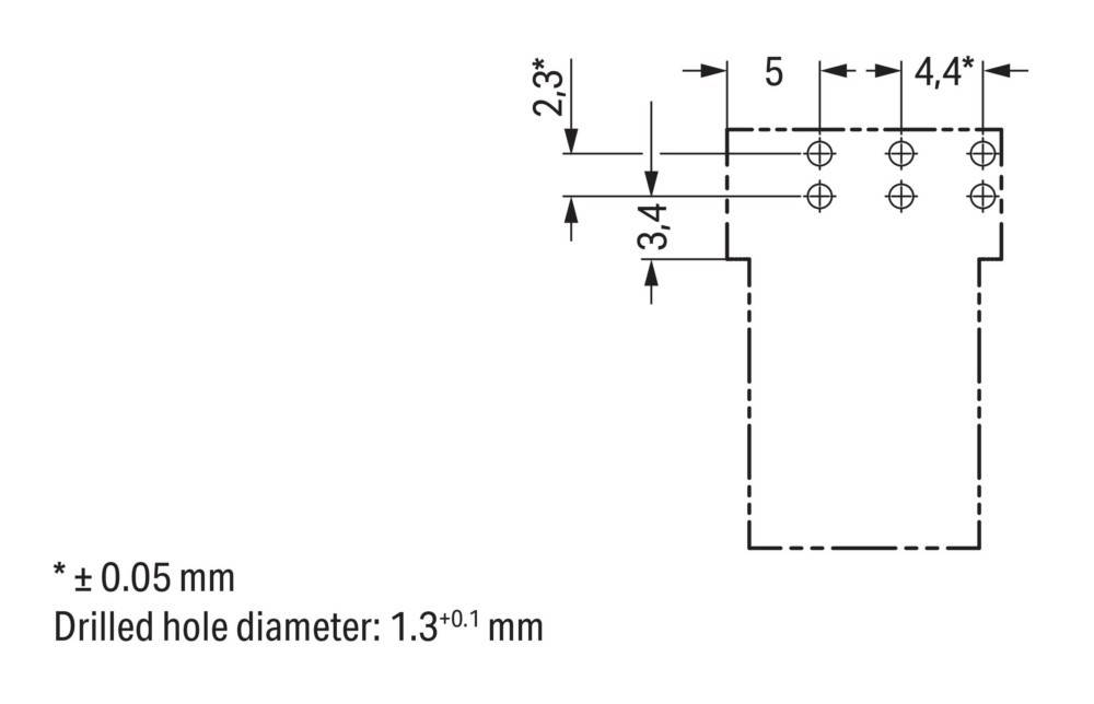 Technische Zeichnung eines Metallteils mit einer Ecke und zwei Sätzen ausgerichteter Löcher, Abmessungen gekennzeichnet als 2,3 mm und 3,4 mm.