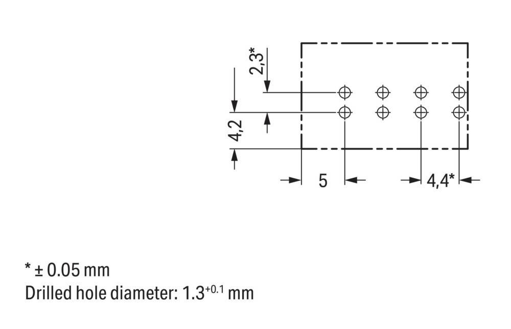 Technische Zeichnung zur Darstellung der Komponentenplatzierung: vertikaler Abstand 2,3 mm, horizontaler Abstand 5 mm, Lochdurchmesser 1,3 ± 0,1 mm.