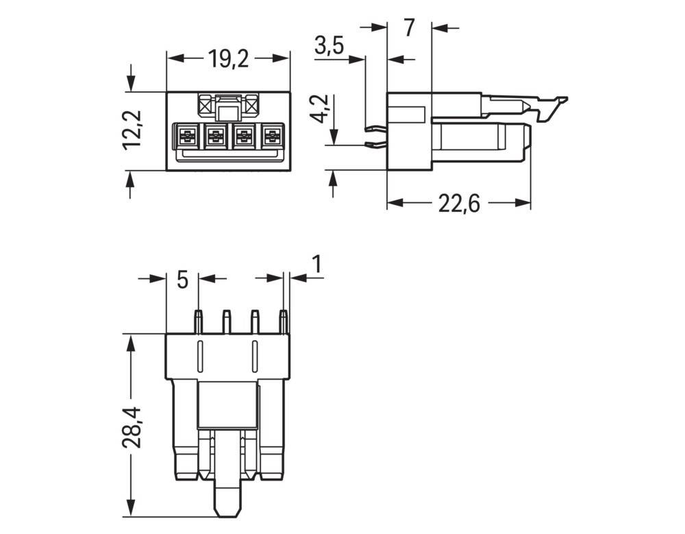 Technische Zeichnung eines Anschlusses mit detaillierten Maßangaben: Breite 19,2 mm, Höhe 12,2 mm, Tiefe 22,6 mm, Stiftlängen und -abstände beschriftet.