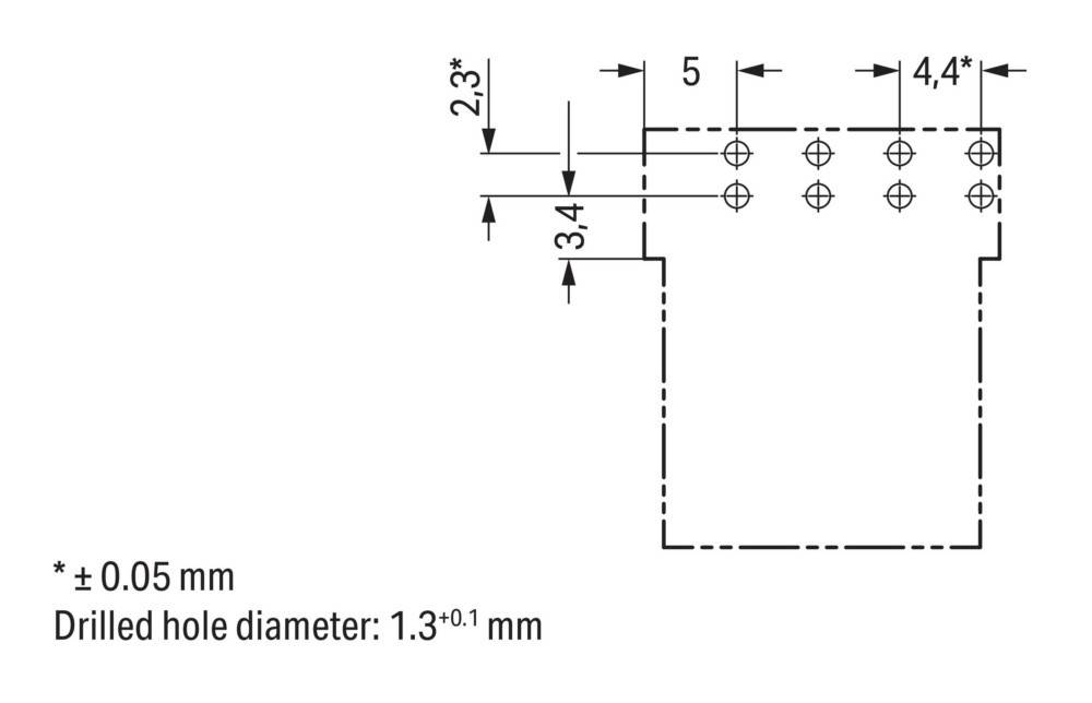 Technische Zeichnung mit gebohrten Löchern und Maßangaben: Lochabstand beträgt 2,3 mm, Tiefe ist 3,4 mm. Lochdurchmesser beträgt 1,3 mm.