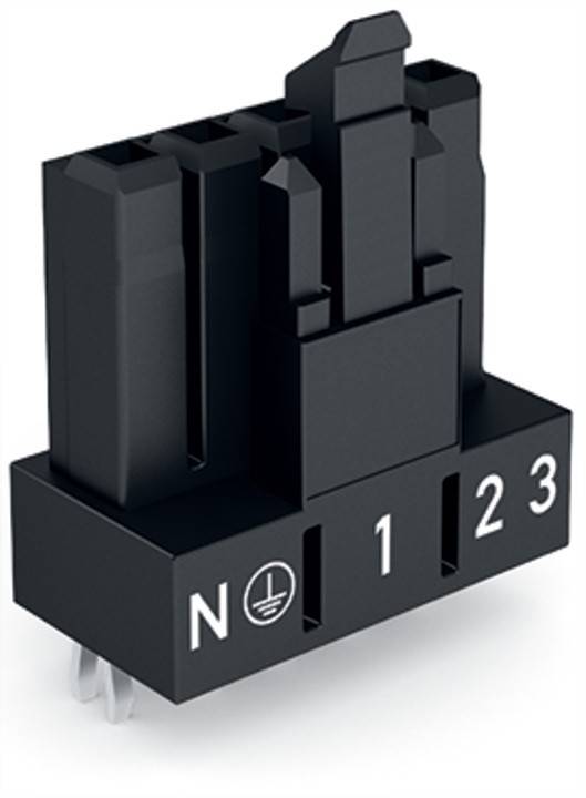 Ein schwarzer elektrischer Anschluss mit Beschriftungen: 'N', Massesymbol, '1', '2', '3'. Verwendet für Kabelverbindungen.