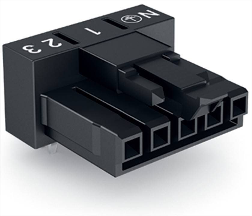 Eine Nahaufnahme eines schwarzen 3-poligen elektrischen Steckverbinders mit nummerierten Anschlüssen 1, 2 und 3, die Verbindungspunkte anzeigen.