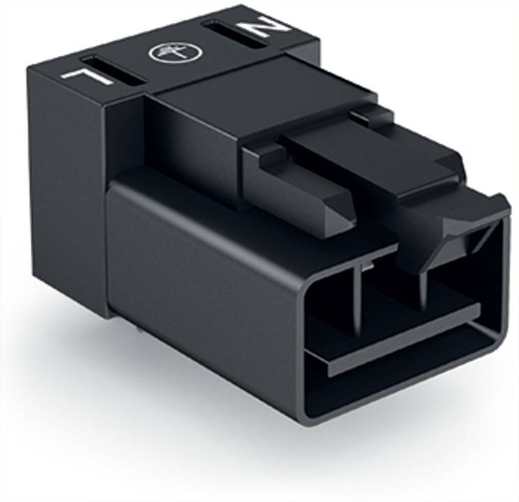 Ein schwarzer elektrischer Verbinder mit Stiften, beschriftet mit 