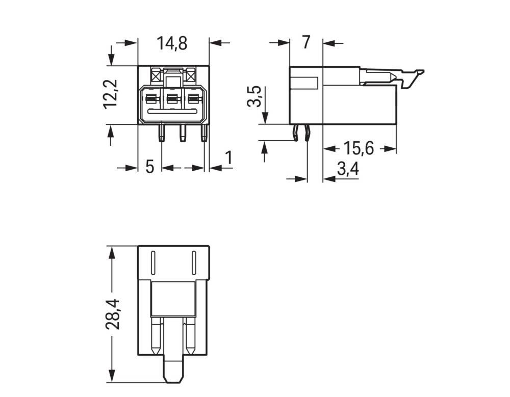 Technische Zeichnung eines elektrischen Verbindungsstücks mit Seiten- und Frontansicht. Abmessungen umfassen 14,8 mm Breite, 12,2 mm Höhe und 7 mm Tiefe.