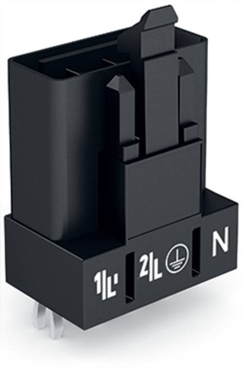Ein schwarzer elektrischer Steckverbinder mit beschrifteten Anschlüssen '1L', '2L', Erdungssymbol und 'N', verwendet für Verkabelung oder elektrische Installationen.