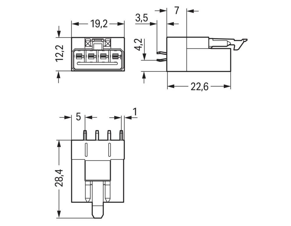 Technische Zeichnung eines rechteckigen elektrischen Steckverbinders mit Abmessungen: 19,2 mm, 3,5 mm, 7 mm, 22,6 mm, 12,2 mm, 4,2 mm, 28,4 mm.