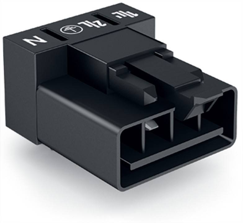 Ein schwarzer, rechteckiger 12V-Elektrostecker mit drei Schlitzen ist abgebildet, konzipiert für automotive oder elektronische Anwendungen.