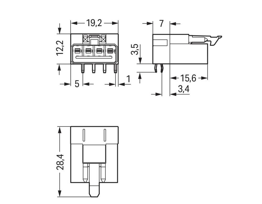 Technische Zeichnung eines elektrischen Anschlusses mit Abmessungen. Aufweisend eine Breite von 19,2 mm, eine Höhe von 28,4 mm und eine Tiefe von 7 mm.