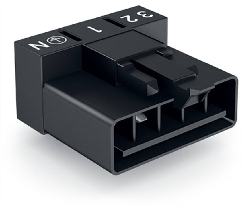„Ein schwarzer elektrischer Anschlussblock mit den Beschriftungen N, L, 2 und 3, der eine obere Klemmvorrichtung zum Sichern von Drähten aufweist.