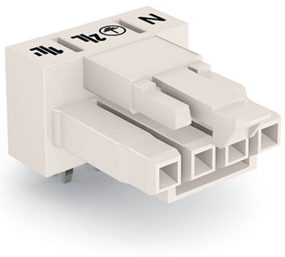 Ein weißer Klemmenblock mit beschrifteten Eingängen für drei Drähte: '+', 'N' und 'L'. Er ist für elektrische Verbindungen konzipiert.