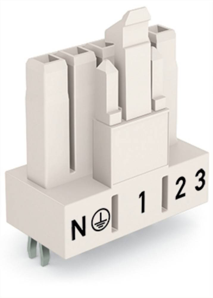 Ein weißer elektrischer Anschlussblock, beschriftet mit 'N', ein Massesymbol, '1', '2', '3', verwendet für Verdrahtungsverbindungen und Schaltungsintegration.