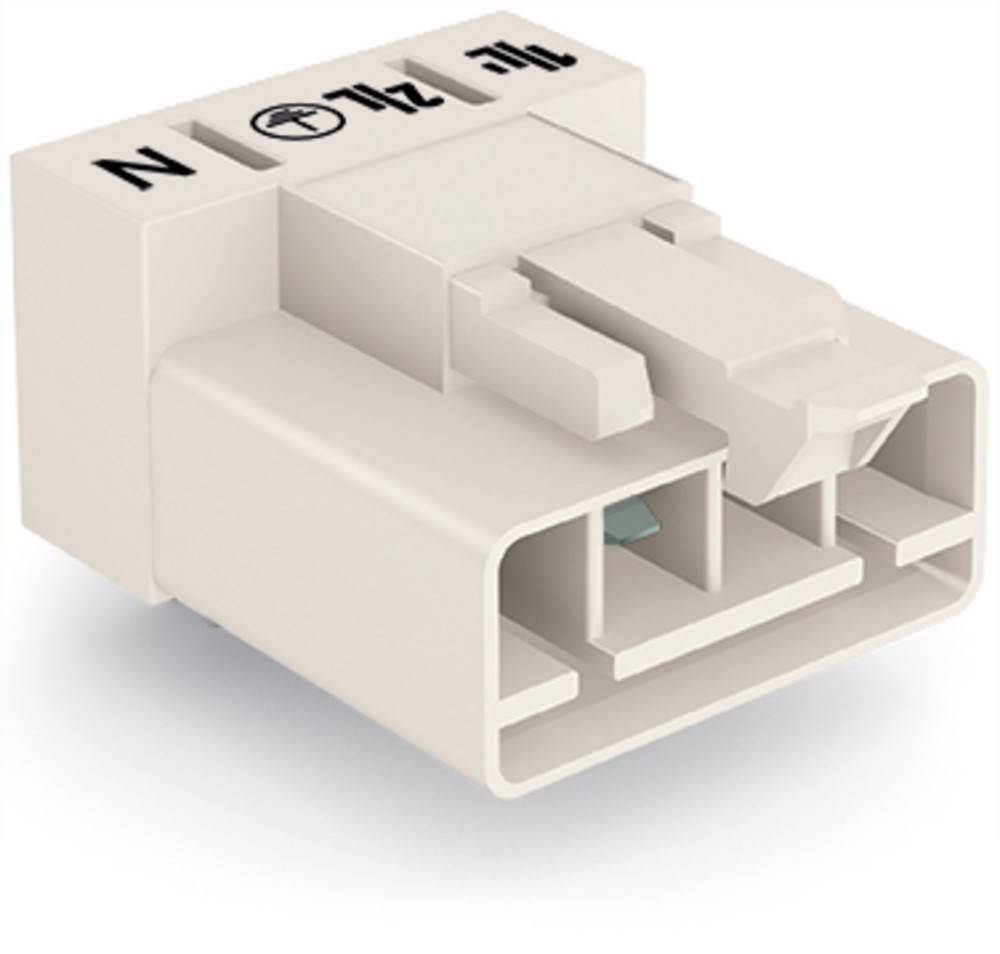 Eine Nahaufnahme eines weißen kompakten elektrischen Verbindungsstücks mit beschrifteten Anschlüssen ‚N', das oben einen Verriegelungsmechanismus aufweist.
