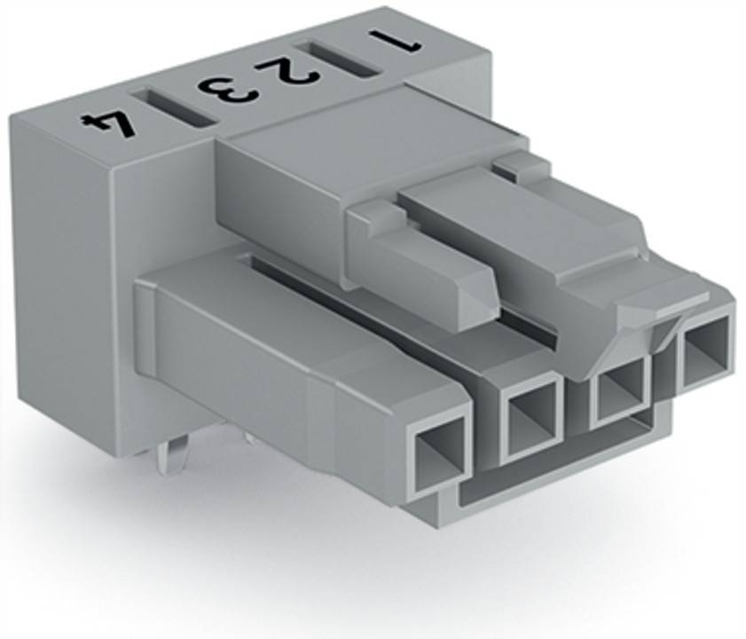 Ein grauer Vier-Pin-Elektroanschlussblock, mit den Nummern 1 bis 4 beschriftet, der für Verdrahtung und sichere elektrische Verbindungen verwendet wird.