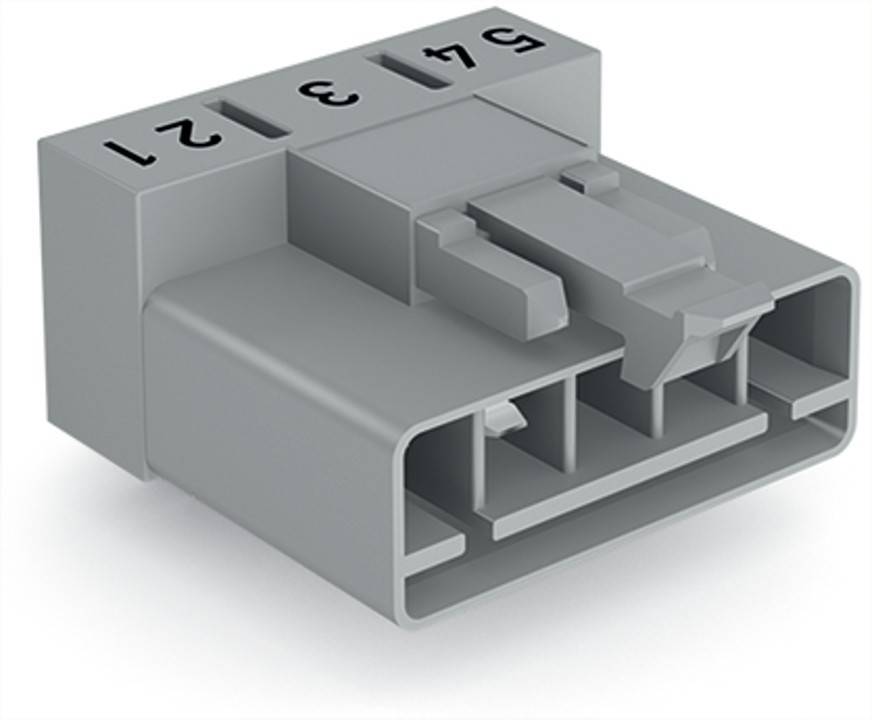 Ein grauer, nummerierter Elektro-Terminalblock mit Schlitzen für vier Drähte ist zu sehen, der seine Anschlusspunkte und kompakte Bauweise hervorhebt.