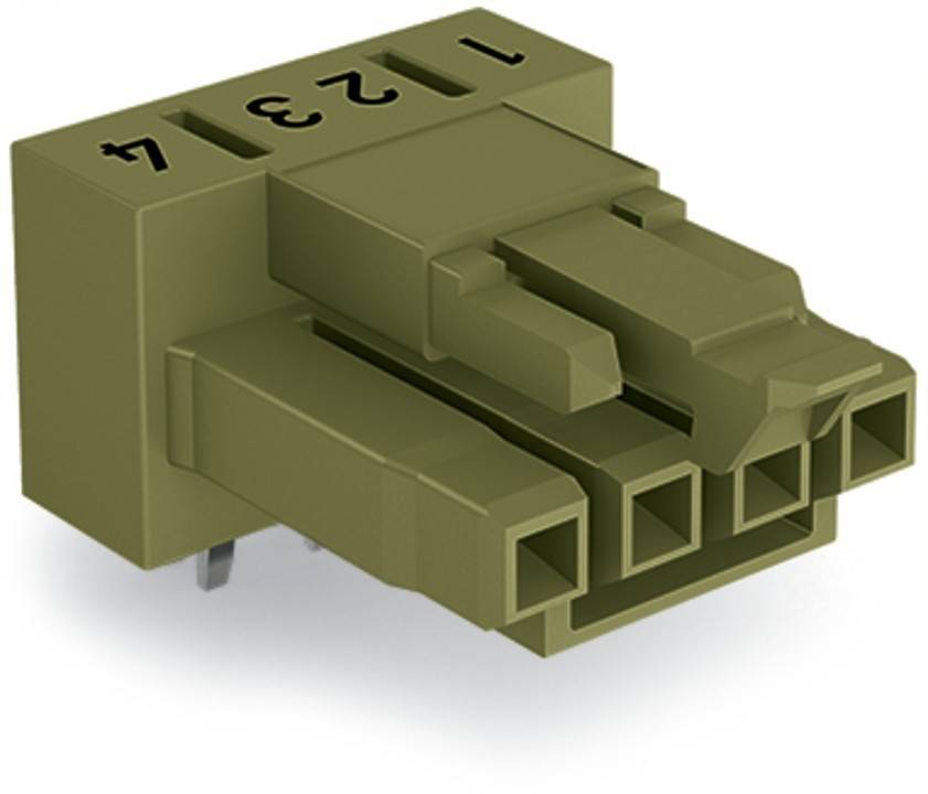 Ein grüner, vierpóliger elektrischer Steckverbinder mit den Zahlen '1', '2', '3', '4', die auf der Oberseite markiert sind und zum Anschluss von Drähten an ein Gerät verwendet werden.