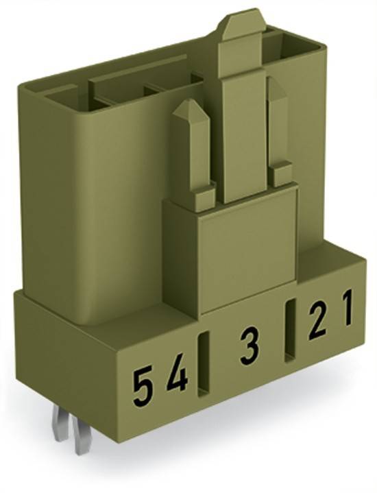 Ein brauner elektrischer Anschluss mit nummerierten Schlitzen '5', '4', '3', '2', '1' und sichtbaren Metallstiften darunter.