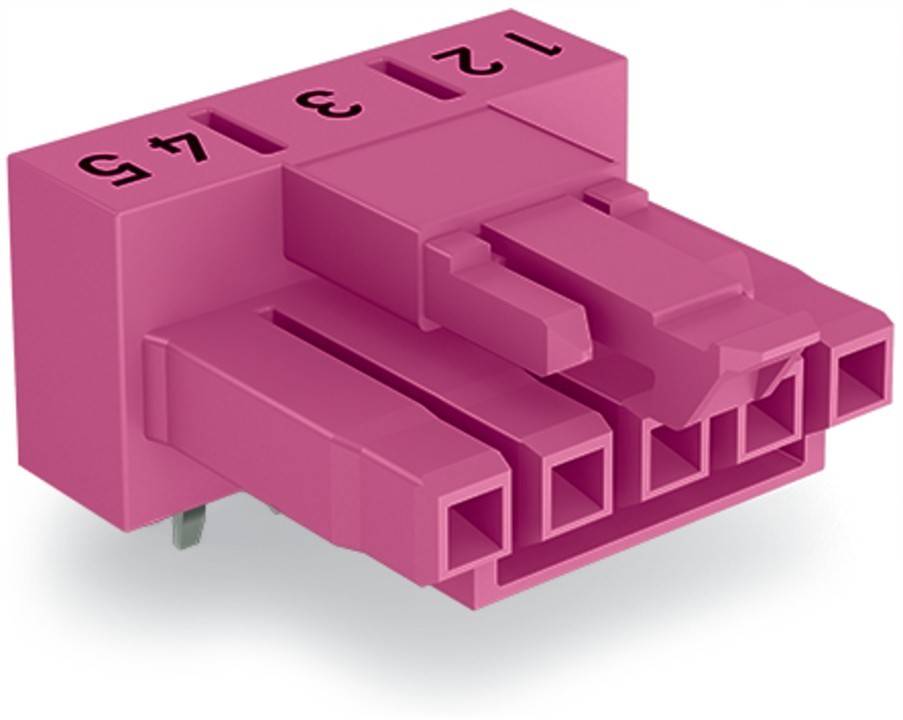 Ein rosa Elektro-Steckverbinder mit vier Pins, auf dessen Oberseite die Nummern 1 bis 4 beschriftet sind und der Buchsenöffnungen und Anschlussbolzen von unten zeigt.