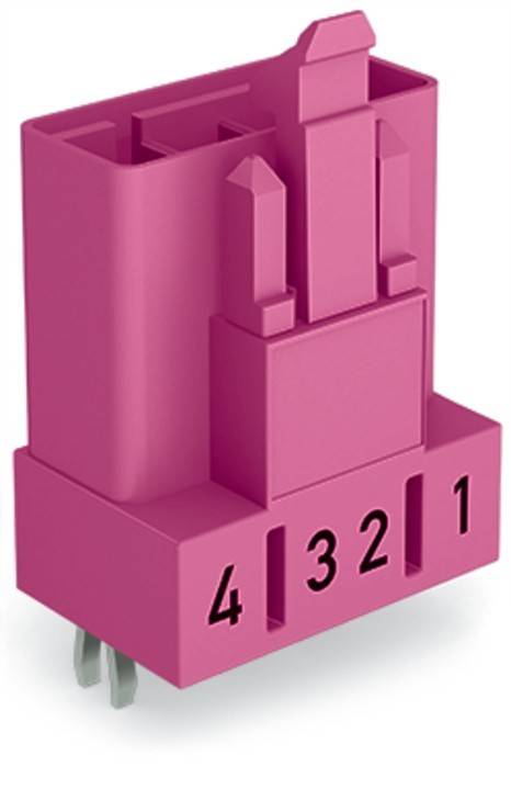 Magenta Kunststoff-Anschlussblock mit nummerierten Steckplätzen von 1 bis 4, wahrscheinlich für Verdrahtung oder elektronische Verbindungen.