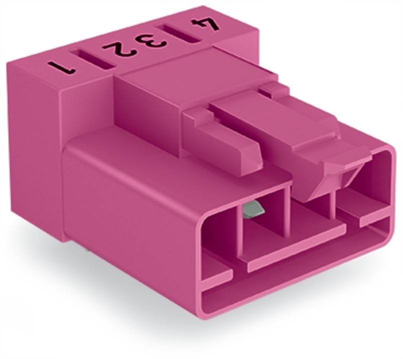 Ein rosa Plastik-Elektroverbinder mit nummerierten Schlitzen '1 2 3 4' auf der Oberseite, der mehrere Einführungspunkte für Kabelverbindungen zeigt.