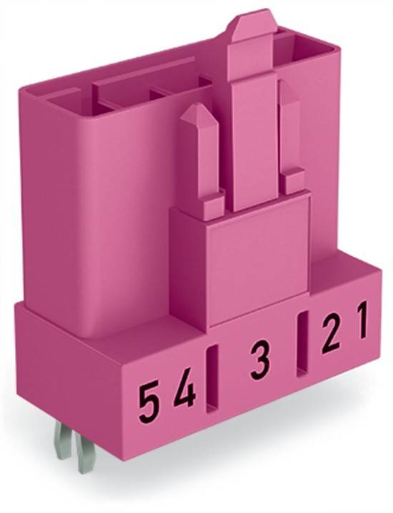 Rosa 5-pin Relaisverbinder mit nummerierten Steckplätzen: 5, 4, 3, 2, 1. Entwickelt für elektrische Schaltungsverbindungen in Automatisierungssystemen.