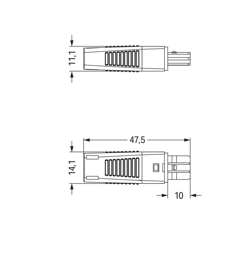 Diagramm zur Darstellung der Abmessungen eines Anschlusses: Draufsicht Breite '11,1', Seitenansicht Länge '47,5', Höhe '14,1', Tiefe '10'.