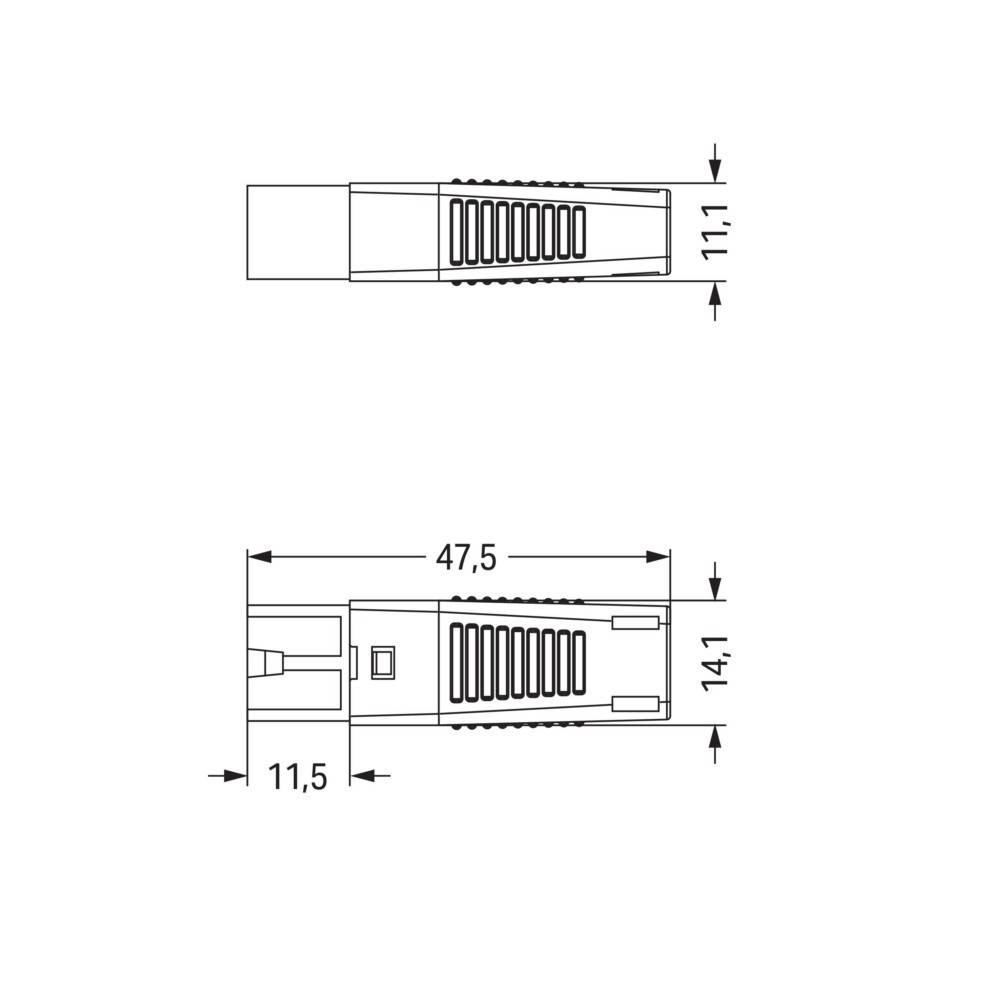 Mechanische Zeichnung eines Steckverbinders mit Abmessungen: 47,5 mm Länge, 14,1 mm Breite und 11,1 mm Höhe.