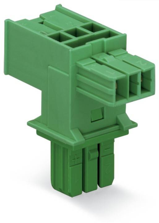 Ein grüner elektrischer Anschluss mit mehreren quadratischen und rechteckigen Schlitzen oben und unterschiedlich großen Steckern unten, der in der Verkabelung verwendet wird.