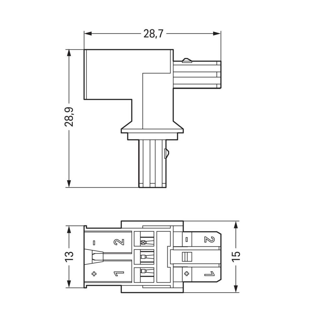 Technische Zeichnung eines elektrischen Anschlusses. L-förmiges Design mit einer Breite von 28,7 mm und einer Höhe von 28,9 mm. Enthält beschriftete Anschlüsse 1 und 2.