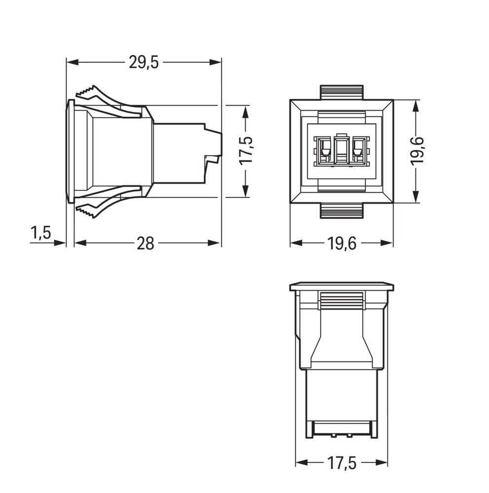 Technische Zeichnung eines RJ14-Anschlusses mit Abmessungen: 29,5 mm Breite, 28 mm Tiefe und 19,6 mm Höhe, mit 1,5 mm Vorsprung.