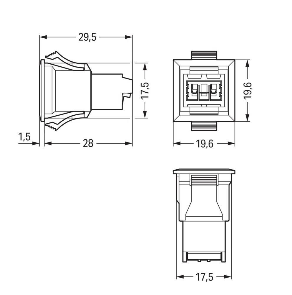 Technische Zeichnung eines elektrischen Steckverbinders mit Abmessungen: Breite 29,5 mm, Höhe 17,5 mm, Steckerlänge 28 mm, mit einer zweiten Breite von 19,6 mm.