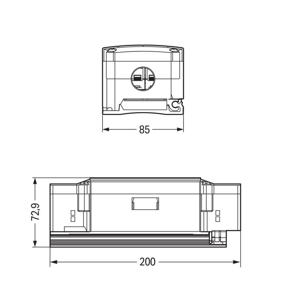 Technische Zeichnung eines rechteckigen Geräts, 200 mm breit und 72,9 mm hoch in der Seitenansicht; 85 mm breit in der Frontansicht.