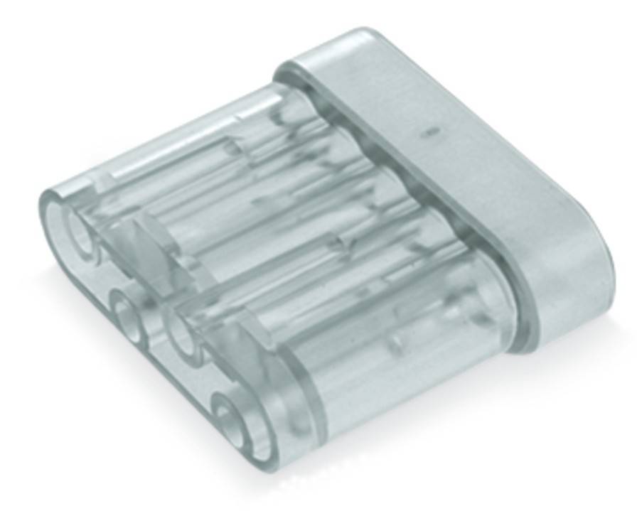 Ein transparenter Lego-kompatibler Stein mit sechs kreisförmigen Noppen auf der Oberseite und offenen Anschlüssen auf der Unterseite.