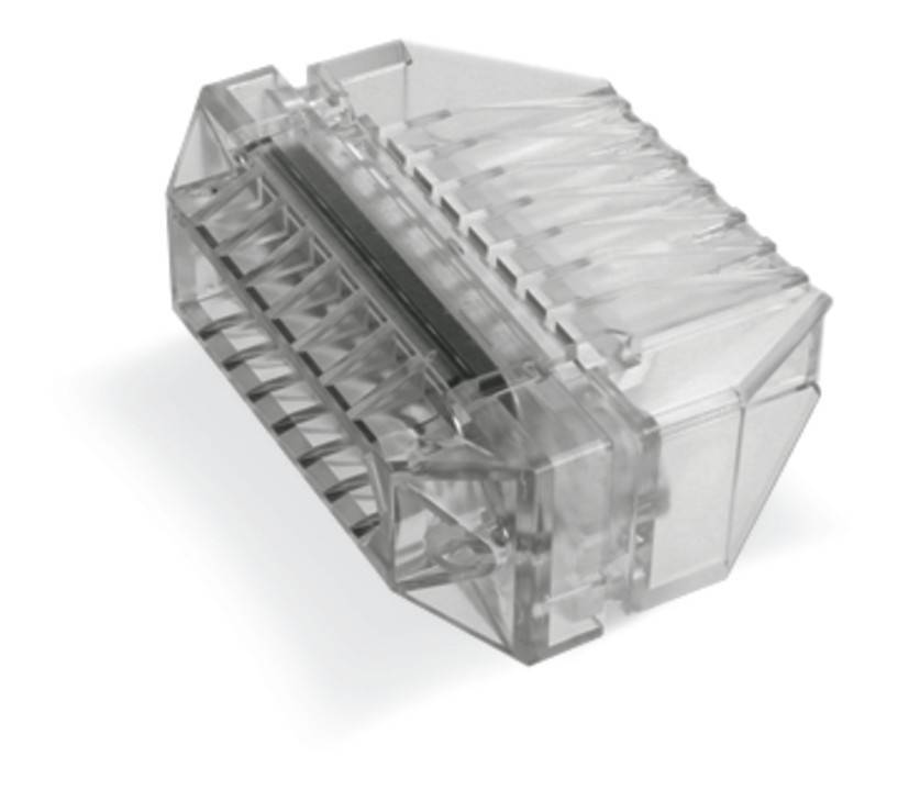 Ein transparenter elektrischer Anspitzer mit modernem, geometrischem Design und sichtbaren Innenkomponenten, der eine Öffnung zum Einführen von Bleistiften aufweist.