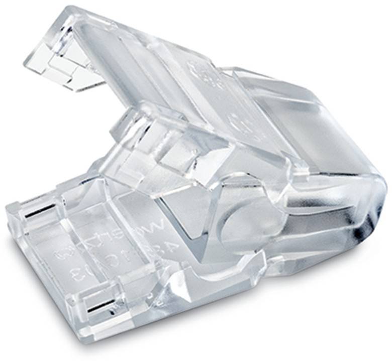 Eine transparente, abgewinkelte Plastikklemme mit offener Scharnierbefestigung, die zum Halten oder Sichern von Gegenständen verwendet wird, vor einem weißen Hintergrund.